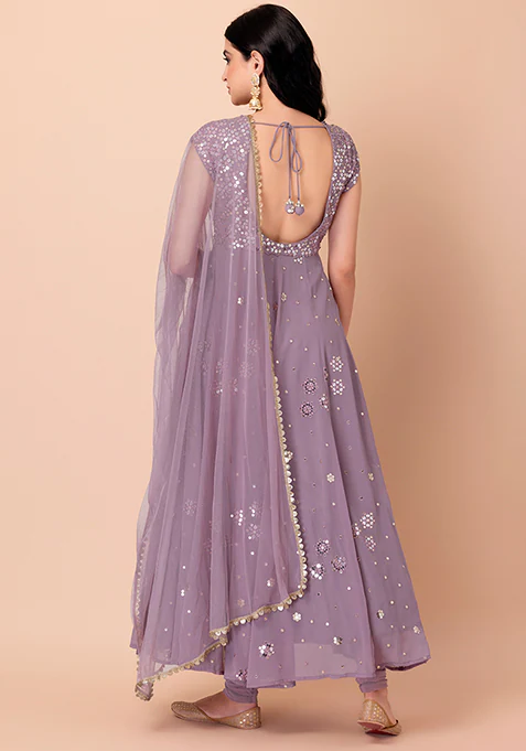 Lilac Sequin Embroidered Anarkali Suit Set With Churidar
