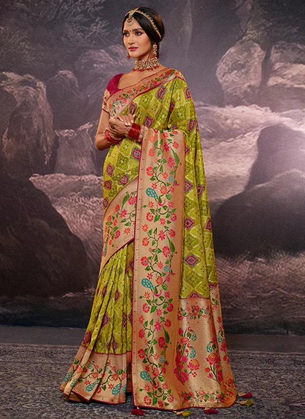 Lime Green Weaved And Printed Traditional Jacquard Silk Saree