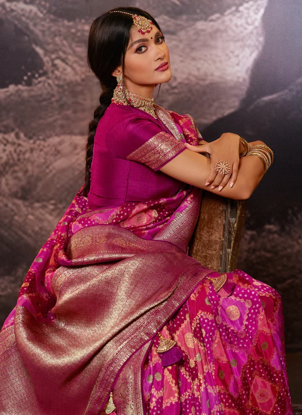 Magenta Weaved And Printed Traditional Jacquard Silk Saree