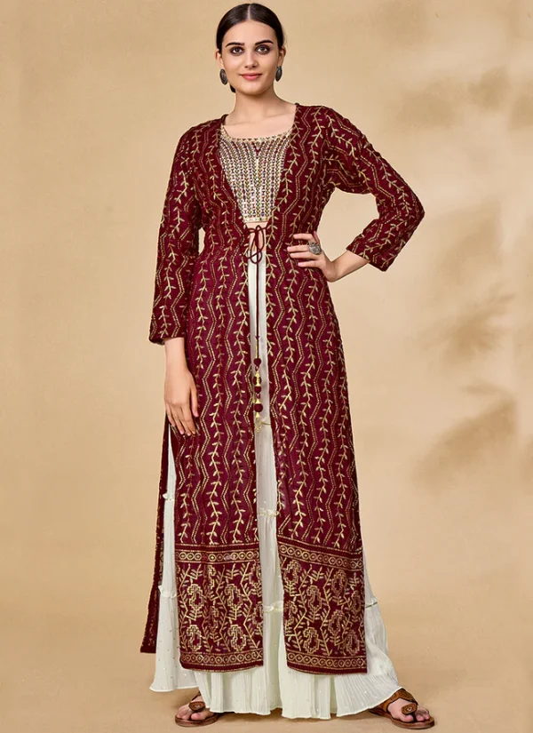Maroon And White Embroidered Jacket Style Palazzo Suit