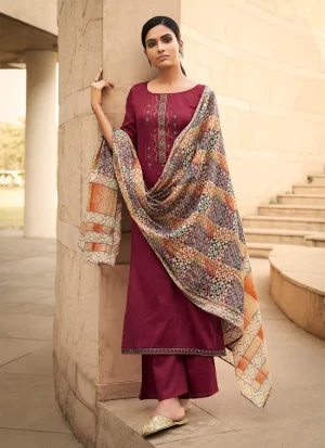 Maroon Embroidered Cotton Palazzo Suit