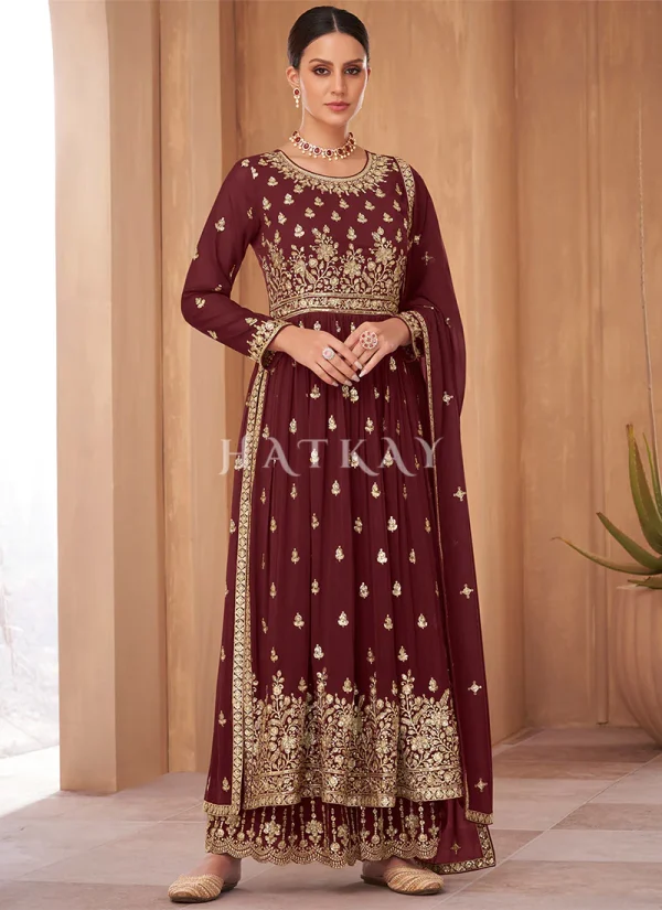 Maroon Georgette Embroidered Wedding Palazzo Suit
