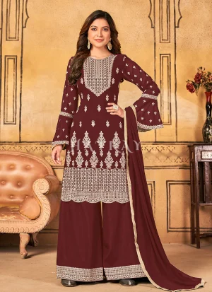 Maroon Georgette Embroidery Traditional Palazzo Suit