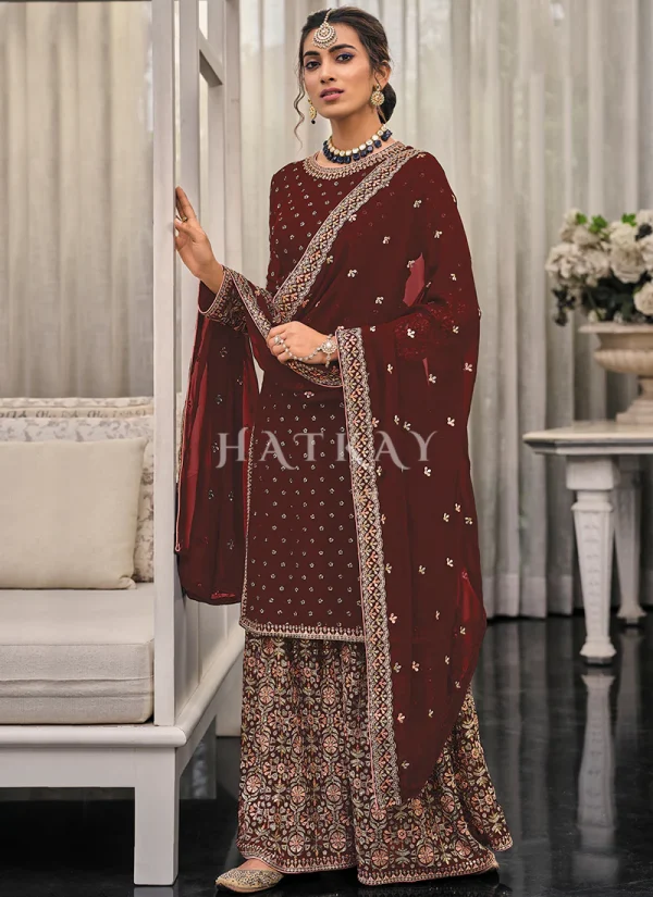 Maroon Multi Embroidered Traditional Palazzo Suit