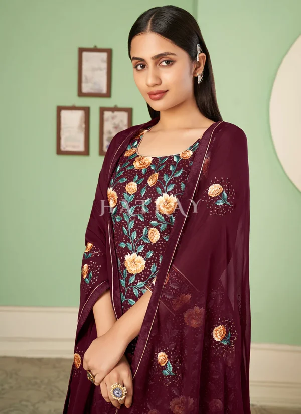 Maroon Multi Embroidery Georgette Palazzo Suit