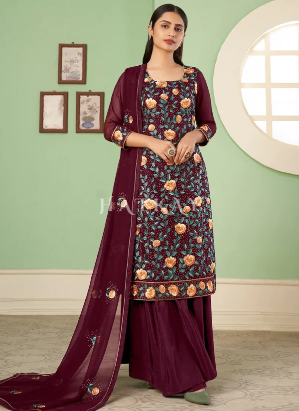 Maroon Multi Embroidery Georgette Palazzo Suit