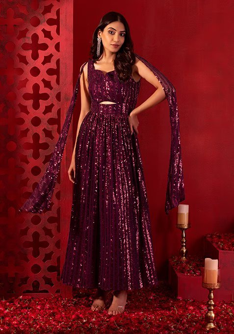 Maroon Sequin Embroidered Gown