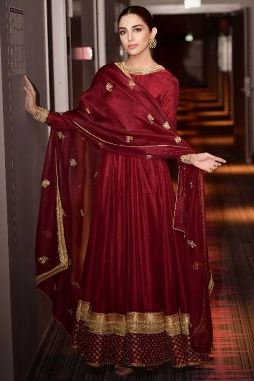 Maroon Taffeta Silk Anarkali Suit With Dori Work