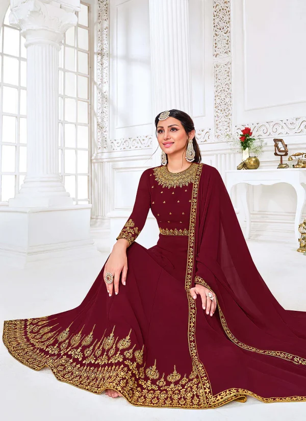Maroon Traditional Zari Embroidered Slit Style Pant Suit