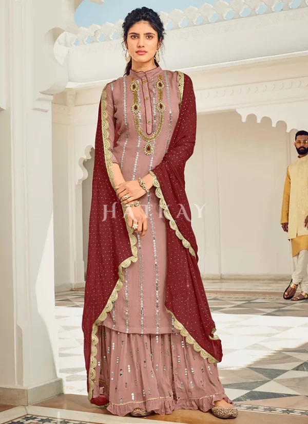 Mauve And Maroon Embroidered Gharara Style Suit