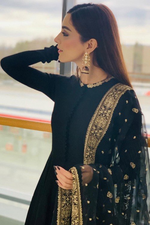Maya Ali Black Georgette Anarkali Suit With Zari Work 1