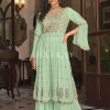 Mint Green Embroidered Georgette Festive Palazzo Suit
