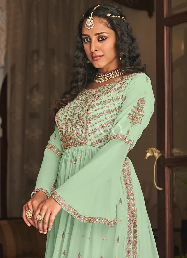 Mint Green Embroidered Georgette Festive Palazzo Suit