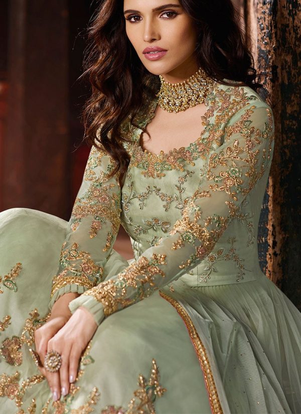 Mint Green Net Embroidered Gown Party Wear