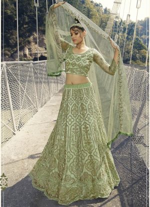 Mint Green Net Embroidered N Sequins Umbrella Lehenga Wedding Wear