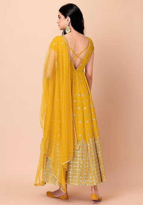 Mustard Yellow Mirror Sequin And Zari Embroidered Anarkali Suit With Mesh Dupatta