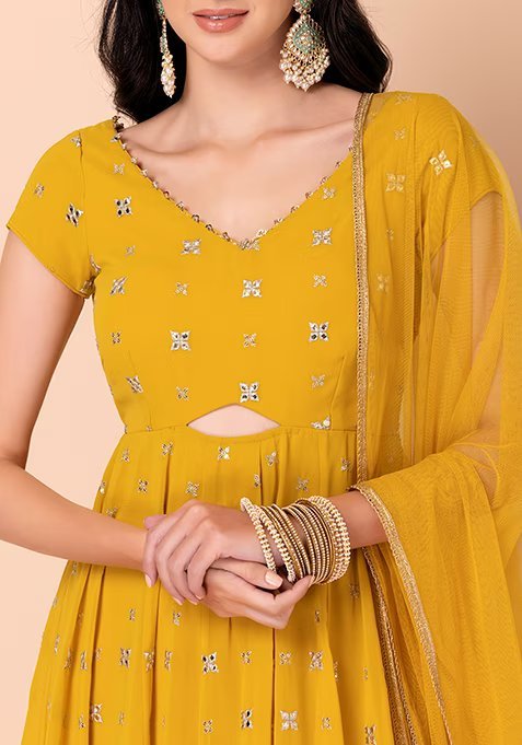 Mustard Yellow Mirror Sequin And Zari Embroidered Anarkali Suit With Mesh Dupatta