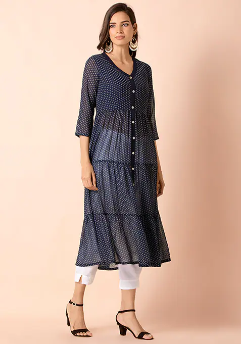 Navy Bandhani Buttoned Tiered A-Line Kurta