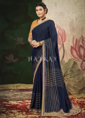Navy Blue And Yellow Embroidery Traditional Crepe Silk Saree