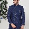 Navy Blue Art Silk Classic Sherwani Wedding Wear