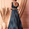 Navy Blue Foil Print Pleated Lehenga Set With Blouse And Dupatta
