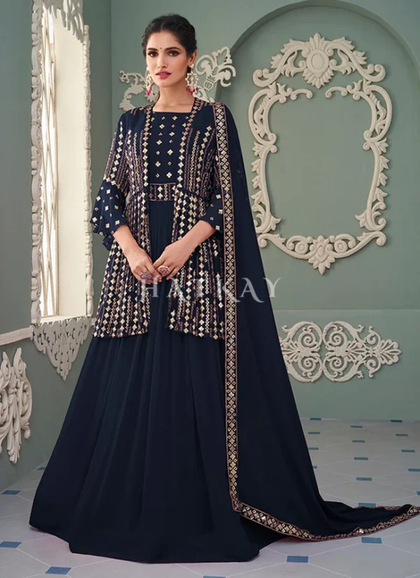 Navy Blue Golden Sequence Embroidered Jacket Style Anarkali Suit