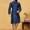 Navy Blue Jacquard Silk Embroidered Kurta Pyjama Party Wear