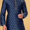 Navy Blue Jacquard Silk Embroidered Kurta Pyjama Party Wear