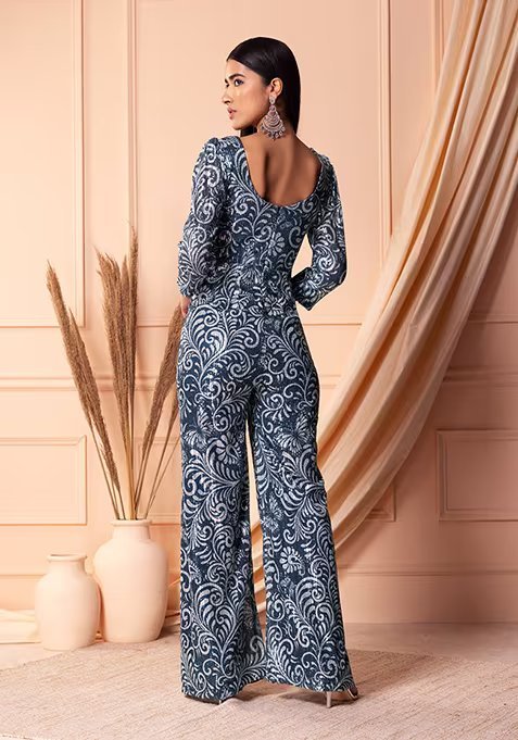Navy Blue Sequin Embroidered Abstract Print Jumpsuit