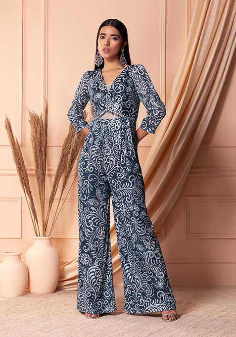 Navy Blue Sequin Embroidered Abstract Print Jumpsuit