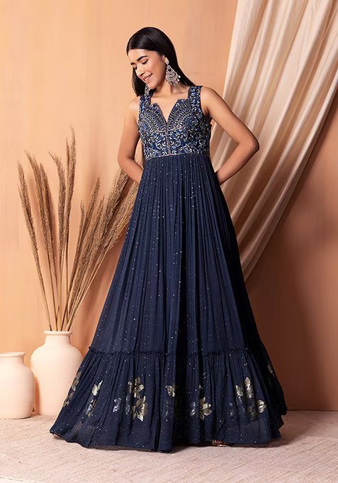 Navy Blue Sequin Embroidered Tiered Anarkali Gown