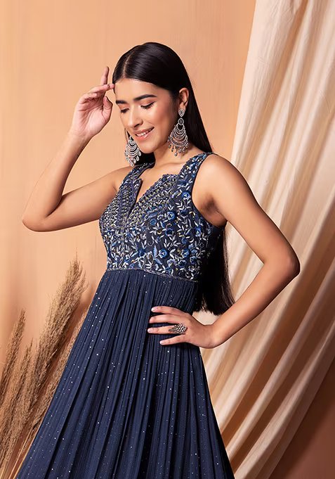 Navy Blue Sequin Embroidered Tiered Anarkali Gown