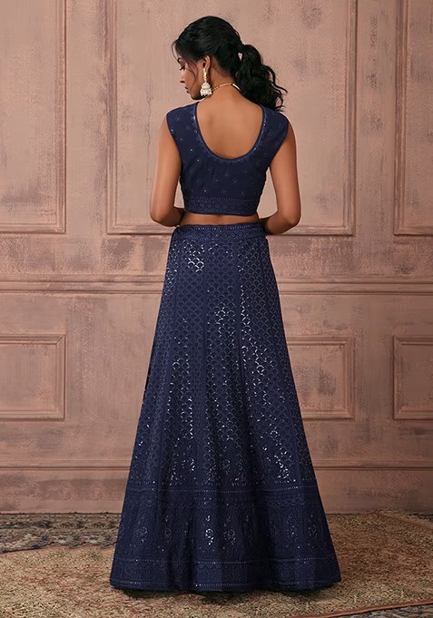 Navy Blue Sequin Lehenga Set With Blouse And Dupatta