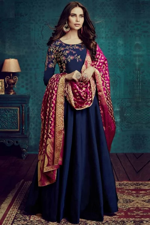 Navy Blue Taffeta Silk Anarkali Suit With Resham Work 1