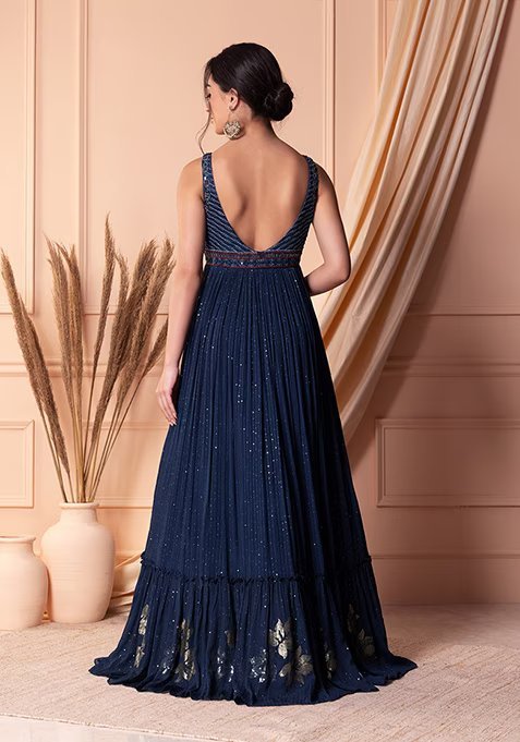 Navy Blue Thread Embroidered Tiered Anarkali Gown