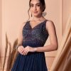 Navy Blue Thread Embroidered Tiered Anarkali Gown