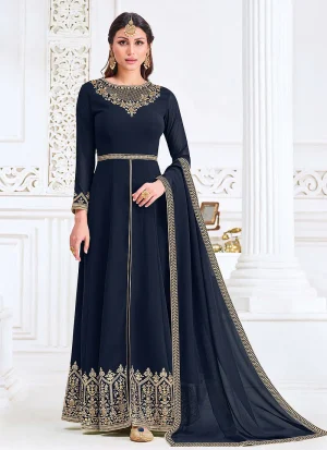 Navy Blue Traditional Zari Embroidered Slit Style Pant Suit