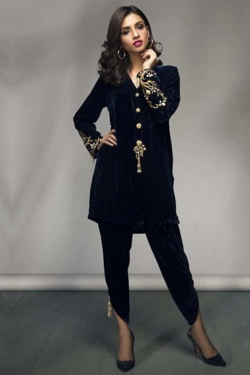 Navy Blue Velvet Embroidered Dhoti Pant Suit