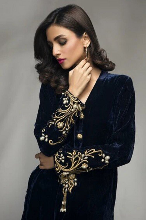 Navy Blue Velvet Embroidered Dhoti Pant Suit