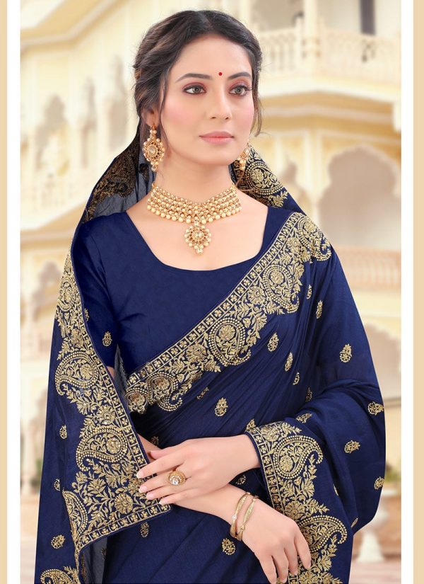Navy Blue Vichitra Silk Zari Embroidery Saree Party Wear