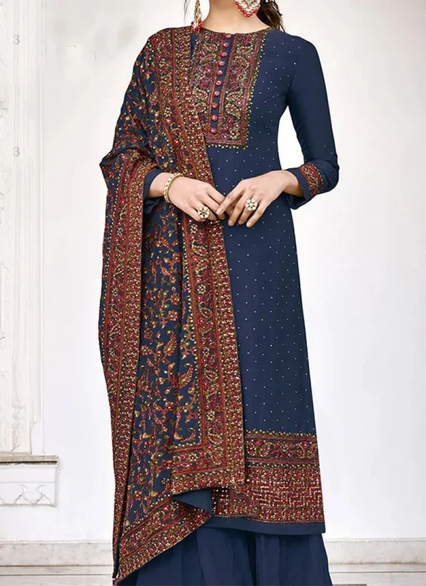 Navy Blue Viscose Silk Embroidered N Stones Palazzo suit Party Wear
