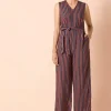 Navy Maroon Striped Belted Jumpsuit with Pockets