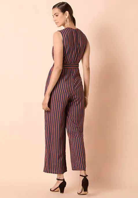 Navy Maroon Striped Belted Jumpsuit with Pockets