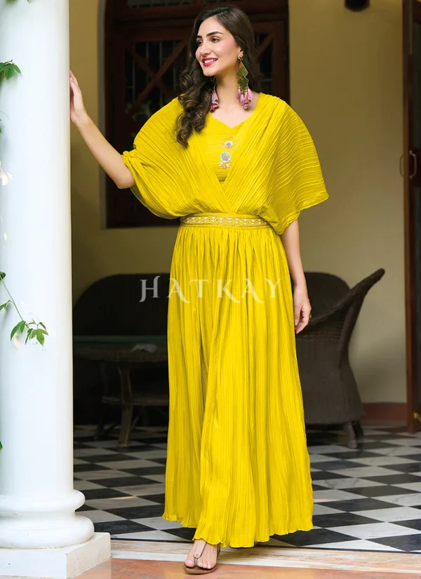 Neon Yellow Minimalist Embroidered Crushed Gown