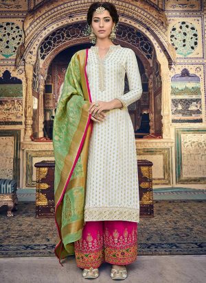 Off White Embroidered Art Silk Palazzo Suit After Six Wear