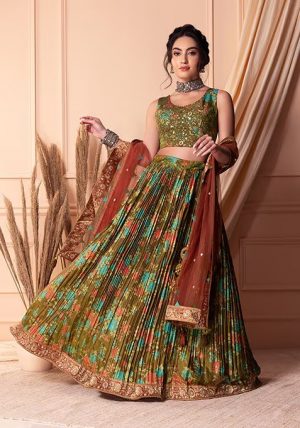 Olive Floral Print Lehenga Set With Blouse And Dupatta
