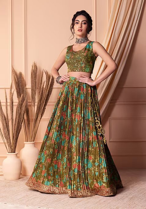 Olive Floral Print Lehenga Set With Blouse And Dupatta