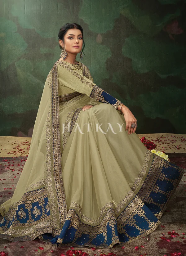 Olive Green Embroidery Traditional Tissue Silk Saree