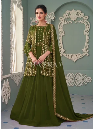 Olive Green Golden Sequence Embroidered Jacket Style Anarkali Suit