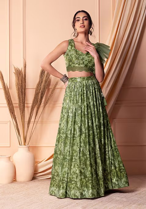 Olive Sequin Embroidered Abstract Print Lehenga Set With Blouse And Dupatta